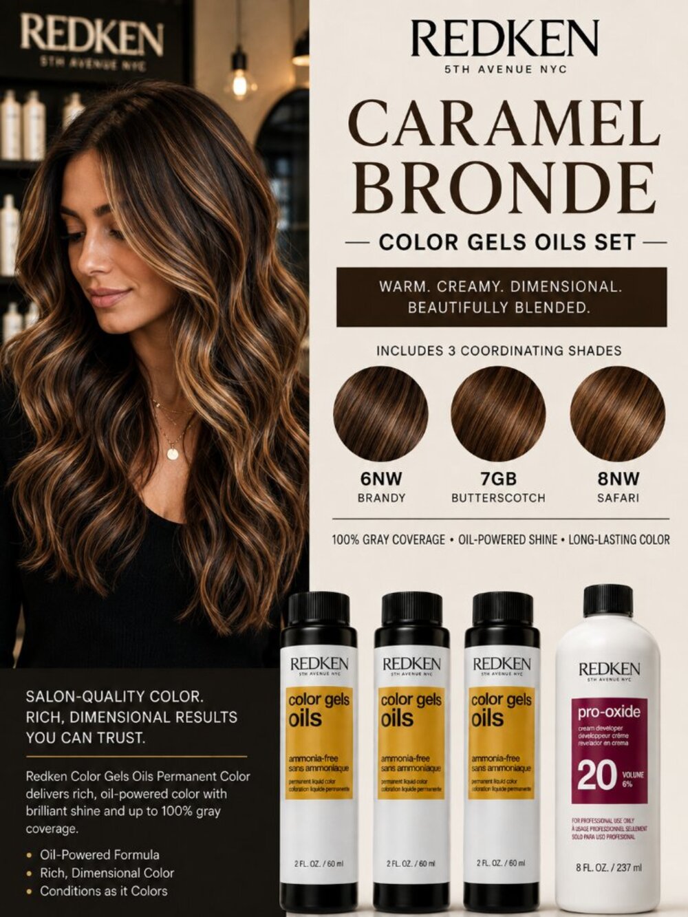 Redken Color Gels Oils Caramel Bronde Hair Color Kit + 20 Vol Developer